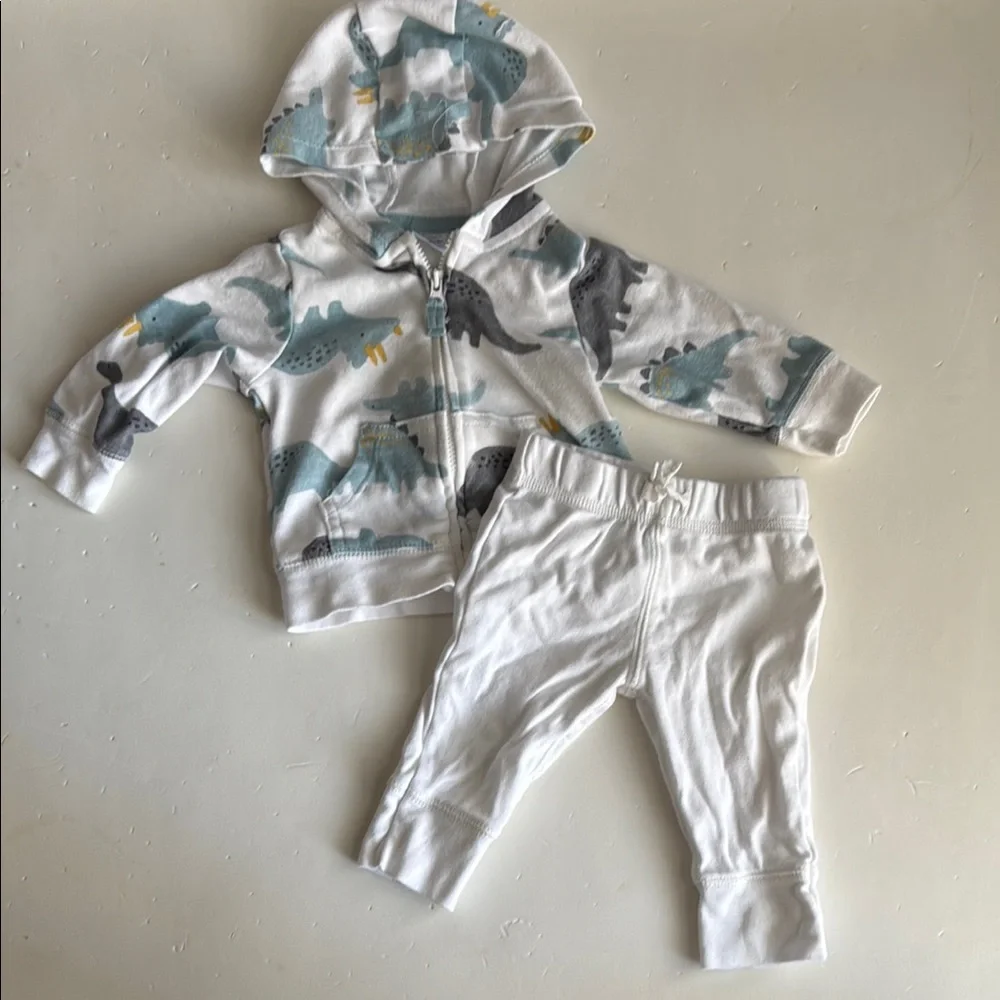 Carter’s Boys Dinosaur Print Hoodie and White Pant Set Size 3 Months